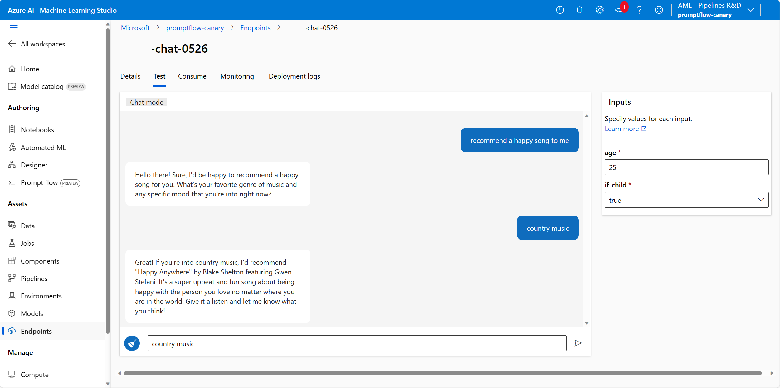 从聊天流部署的终结点的屏幕截图。