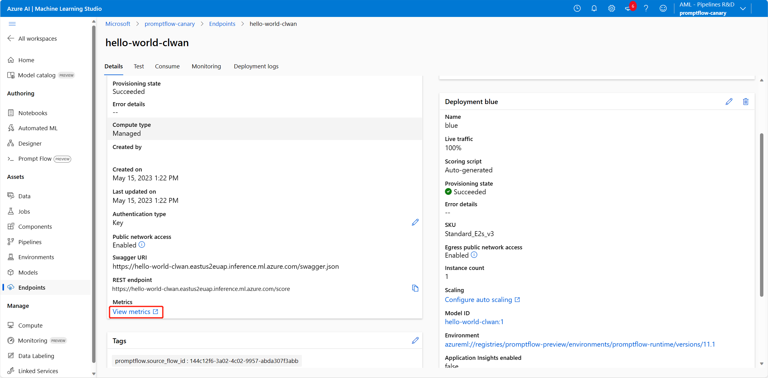 “终结点详细信息”页的屏幕截图突出显示“查看指标”。