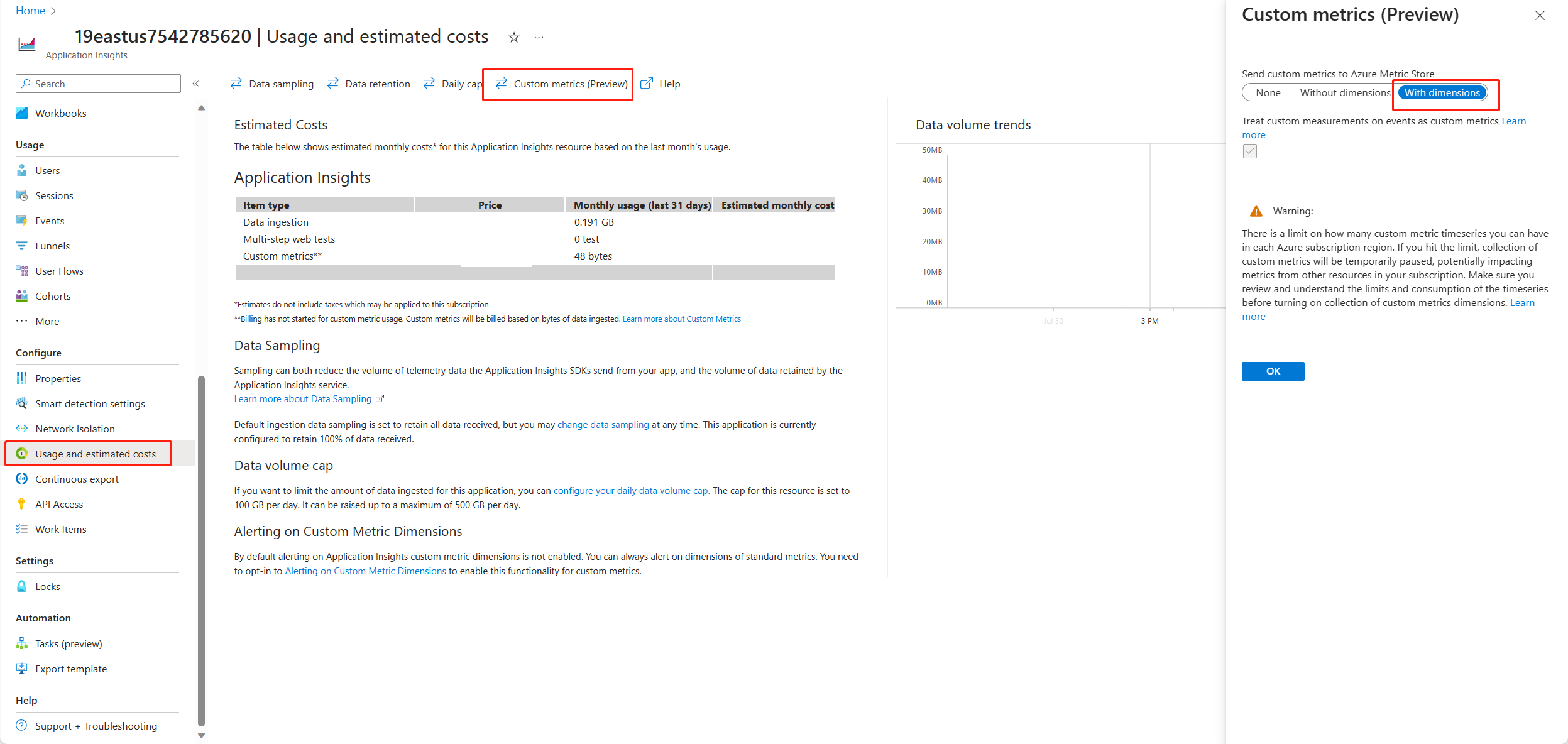 启用多维指标的屏幕截图。