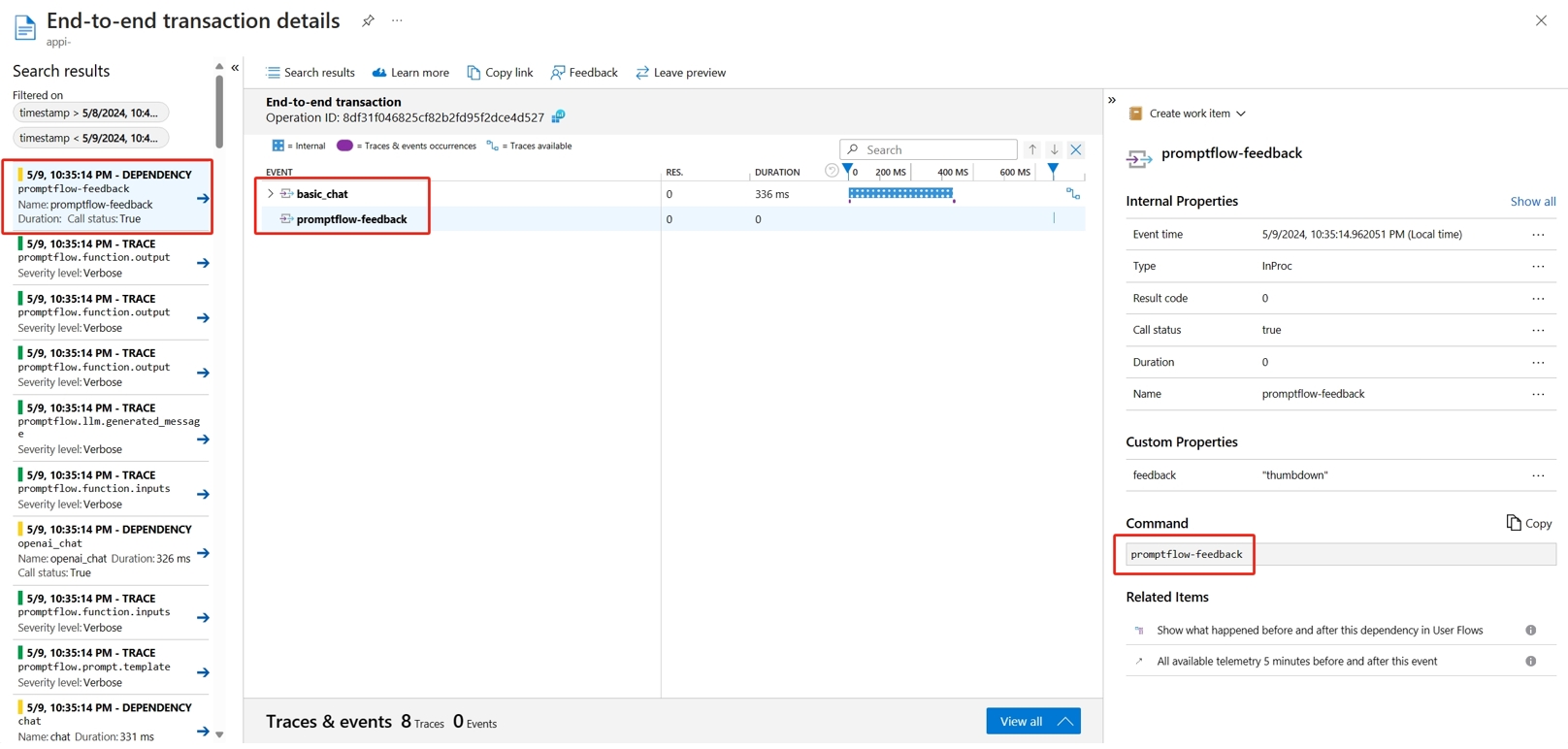 Application Insights 中的请求反馈和跟踪数据的屏幕截图。