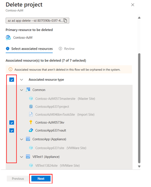 将出现一个窗口以删除具有所选资源的项目。