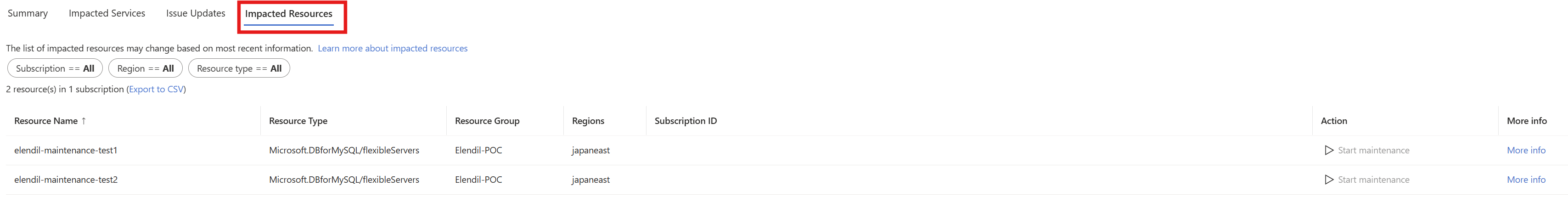 显示受影响的资源页的屏幕截图。