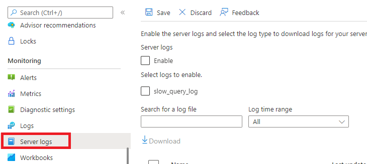 显示 Azure Database for MySQL 灵活服务器日志的屏幕截图。