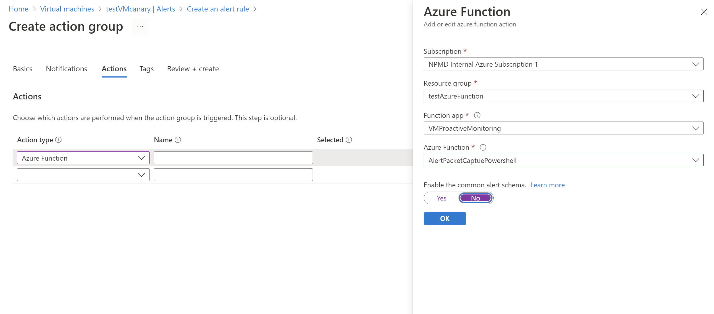 创建操作组页面的截图以及Azure Functions详细信息窗格。