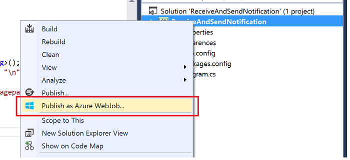 带有“发布为 Azure WebJob”选项的右键单击选项截图，选项框以红色标出。