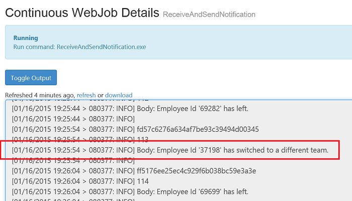 “连续 Web 作业详细信息”对话框的屏幕截图，其中发送的消息以红色显示。