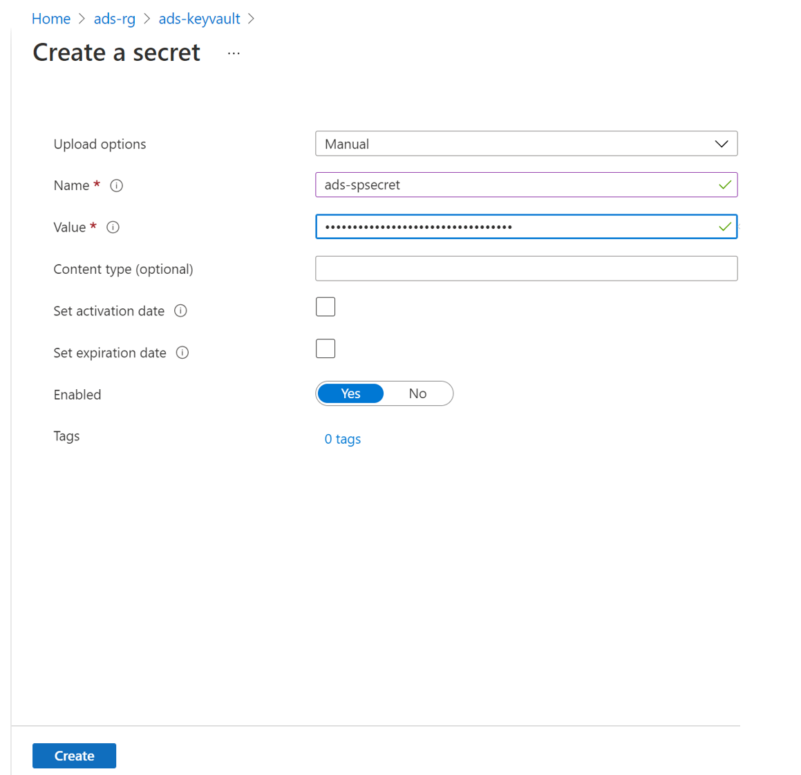 显示用于创建机密的密钥保管库的屏幕截图。