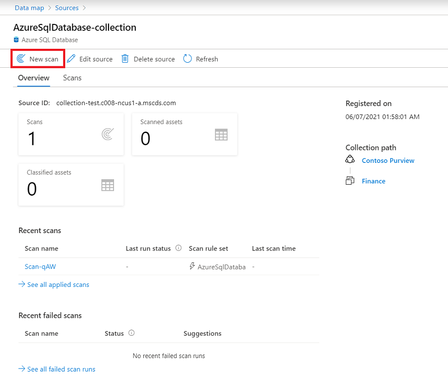 源Microsoft Purview 门户窗口的屏幕截图，其中突出显示了“新建扫描”按钮。