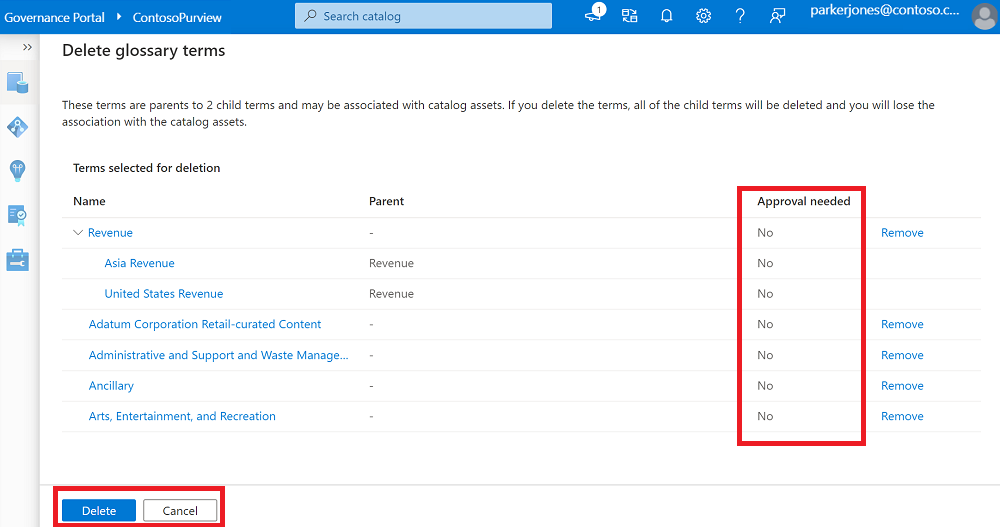 删除术语表术语窗口的屏幕截图，其中显示了不需要批准的术语以及用于删除这些术语的按钮。
