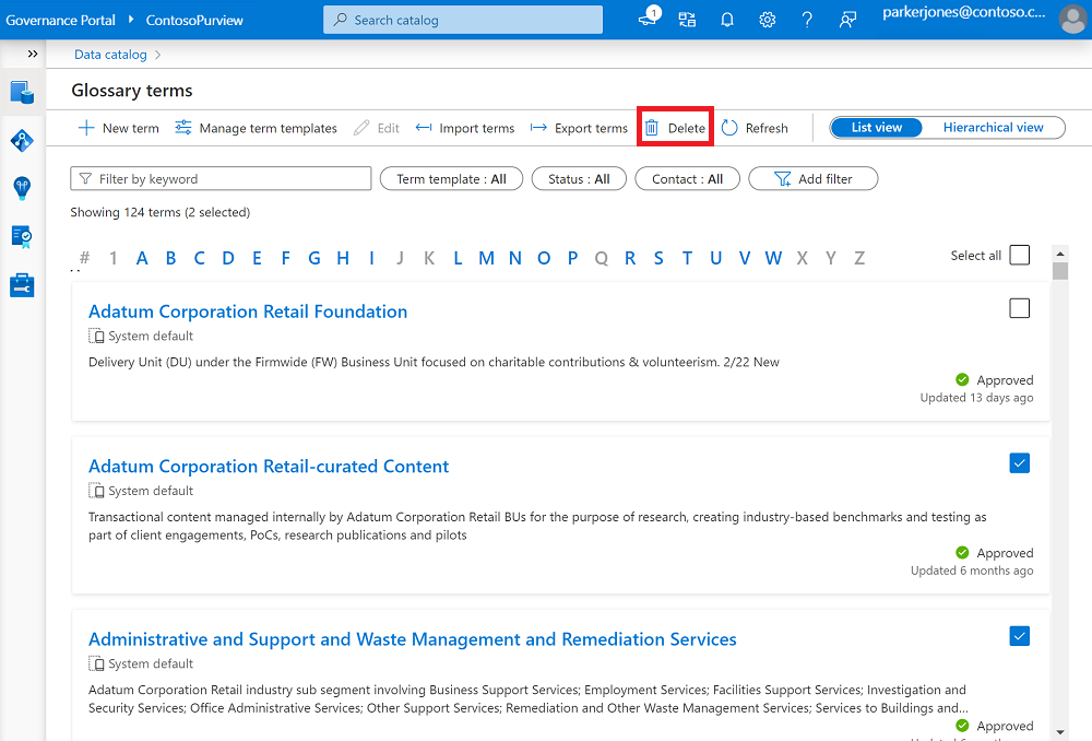 术语表的屏幕截图，其中突出显示了顶部菜单中的“删除”按钮。