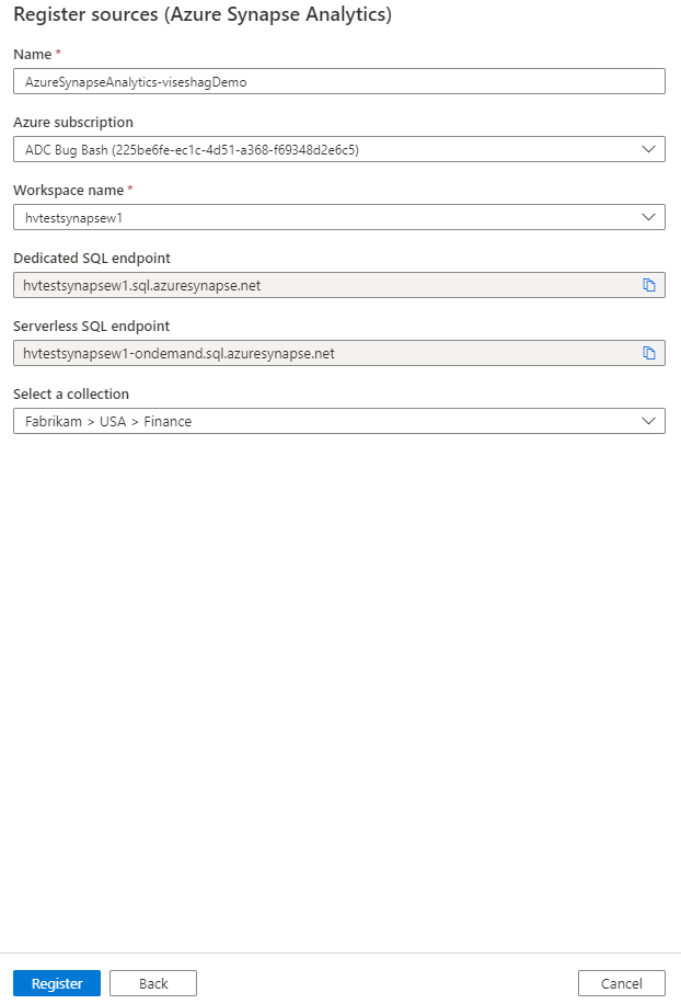 用于输入有关 Azure Synapse 源的详细信息的页面屏幕截图。
