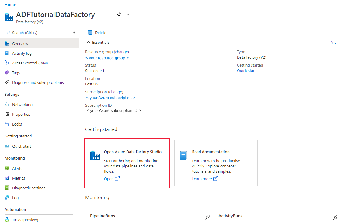 Azure 数据工厂主页，其中包含打开 Azure 数据工厂工作室的图块。