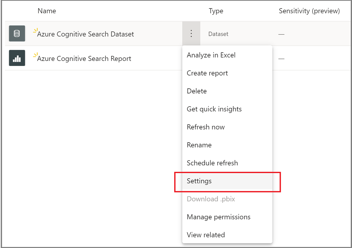 如何从 Azure Cognitive Search 数据集选项中选择设置的屏幕截图。