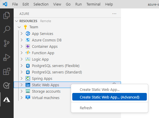 Visual Studio Code 的屏幕截图。Azure Static Web Apps 资源管理器显示用于创建高级静态 Web 应用的选项。