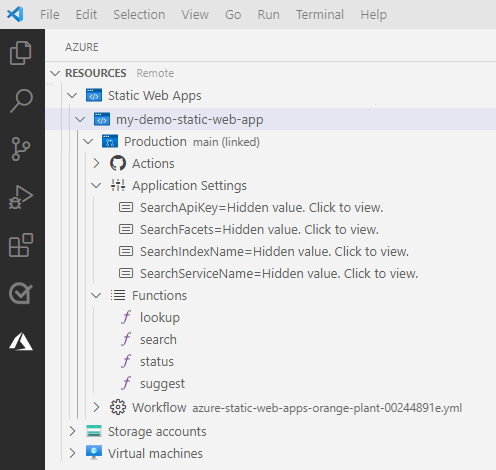 Visual Studio Code 的截图显示了 Azure Static Web Apps 资源管理器和新的应用程序设置。