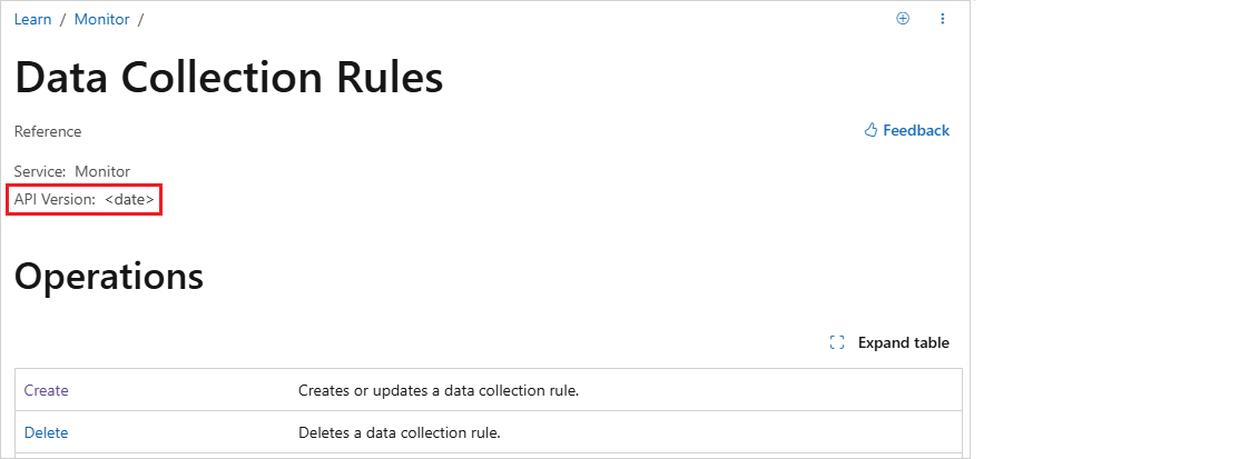 DCR 文档中 API 版本外观的屏幕截图。