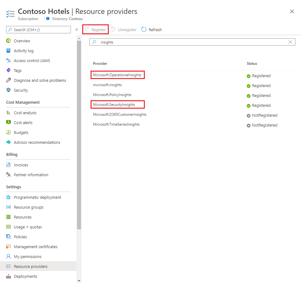检查资源提供程序的屏幕截图。