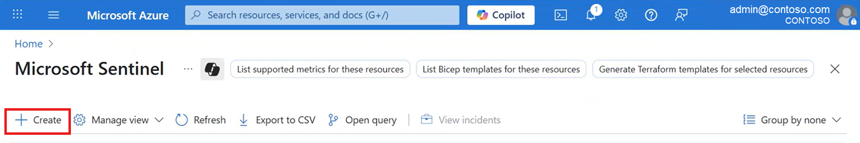 选择“创建”开始创建新的 Log Analytics 工作区的屏幕截图。