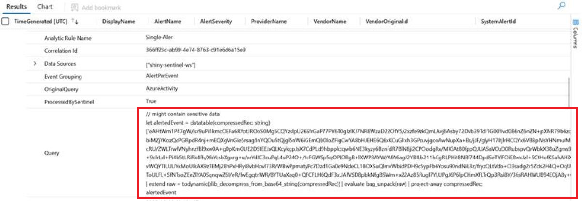 触发每个事件模式警报的示例结果的屏幕截图，其中显示了 base64 编码的查询。