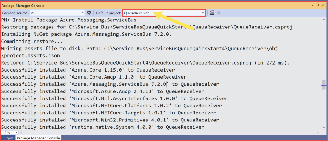 Package Manager Console 中选择的 QueueReceiver 项目的截图。