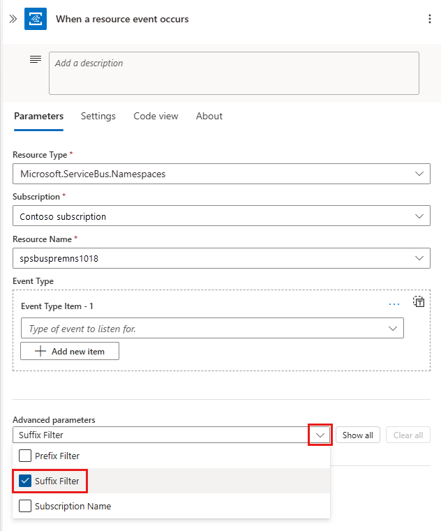 显示添加“后缀筛选器”类型的新参数的屏幕截图。