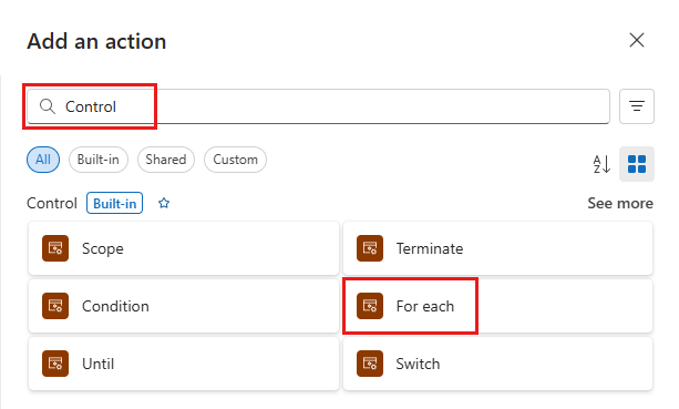 显示已选择 For-each 操作的屏幕截图。