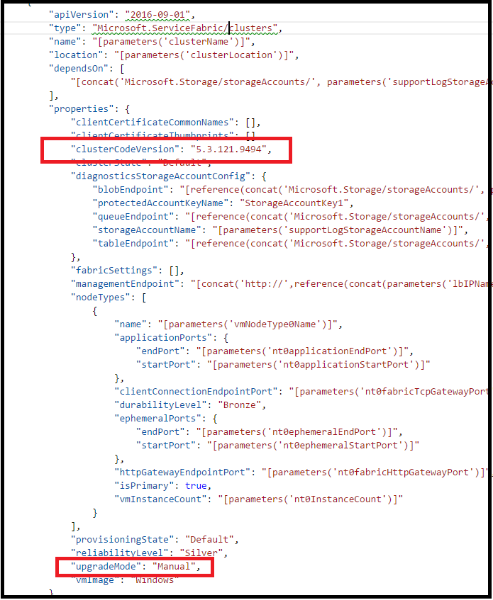 屏幕截图显示一个模板，其纯文本内容已缩进以显示结构。突出显示了“clusterCodeVersion”和“upgradeMode”属性。