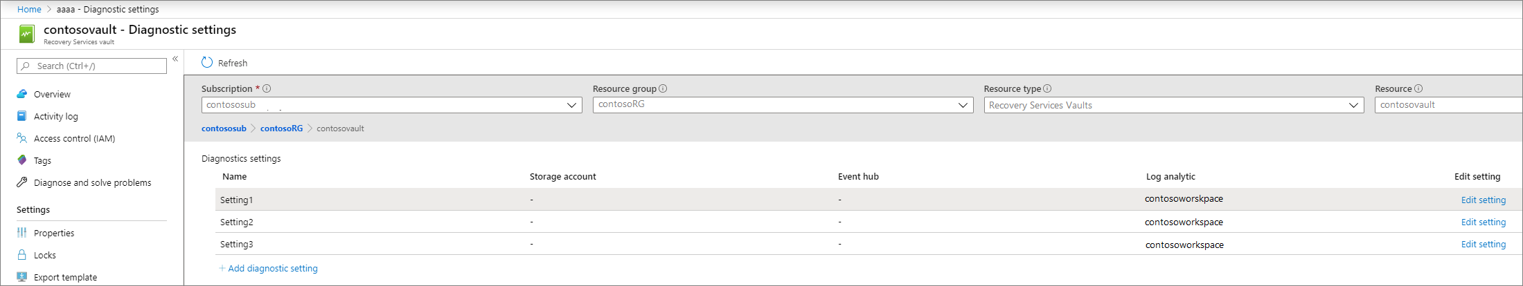 屏幕截图显示了一个保管库，其中包含三个诊断设置。