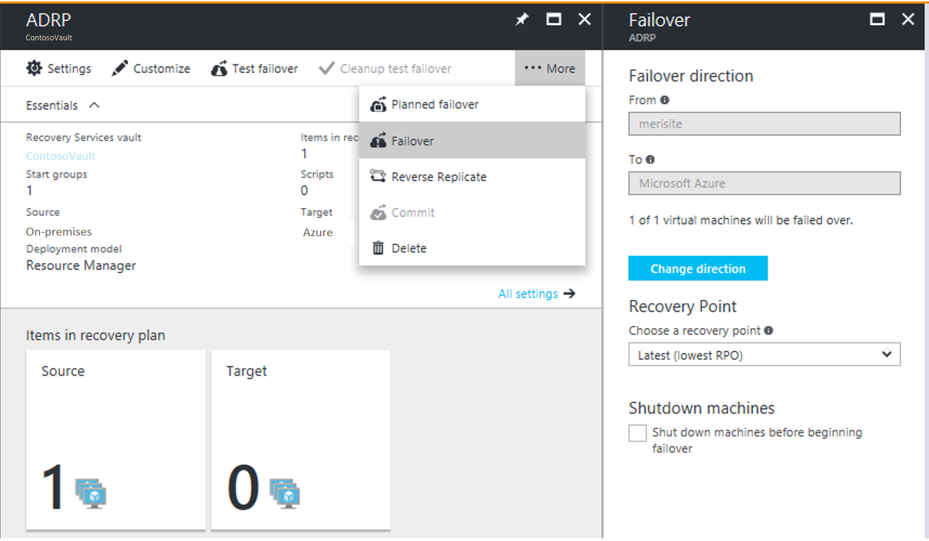 Azure Site Recovery 的屏幕截图，显示在“更多”菜单中选择了“故障转移”的 ADRP 窗格。