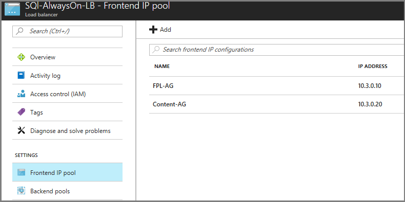 标题为“SQL-AlwaysOn-LB - 前端 IP 池”的窗口的屏幕截图。