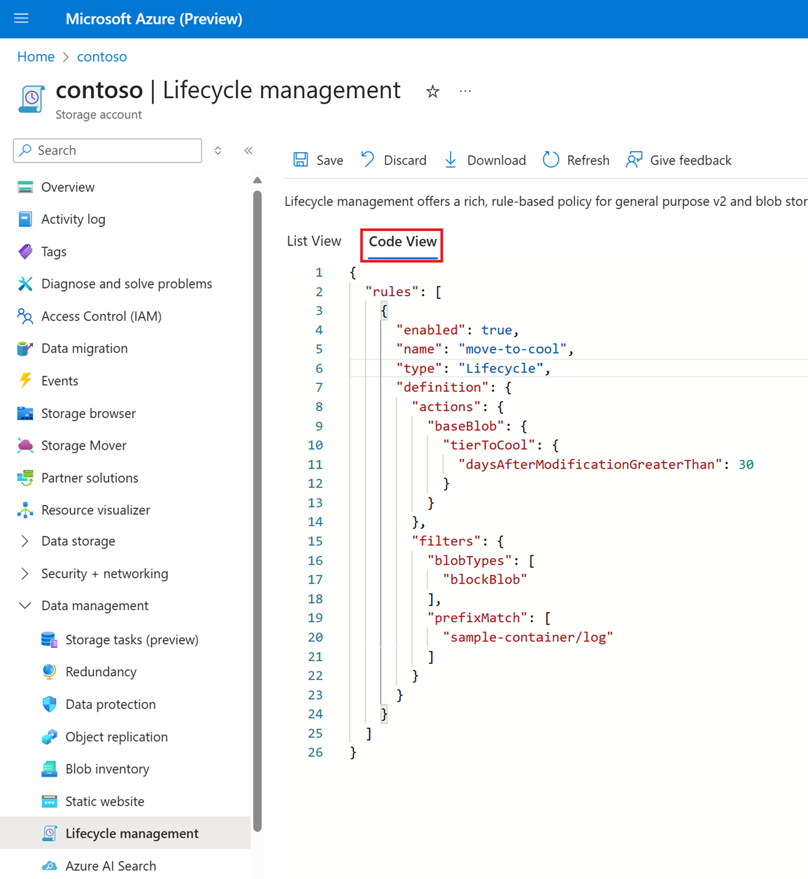 显示“代码视图”选项卡中的 JSON 的屏幕截图。
