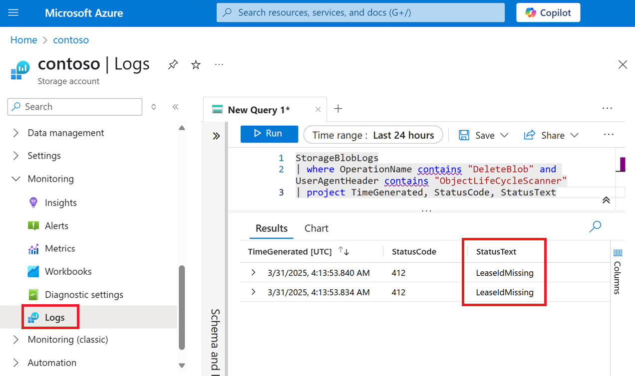 显示 kusto 查询和查询结果的屏幕截图，其中显示了删除对象的尝试失败。