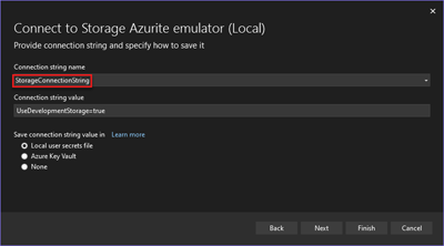 显示如何将连接字符串配置为将 Azurite 与 ASP.NET 项目配合使用的屏幕截图。