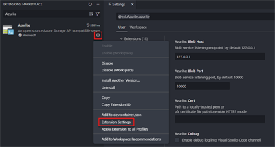 显示如何修改 Azurite 扩展设置的屏幕截图。