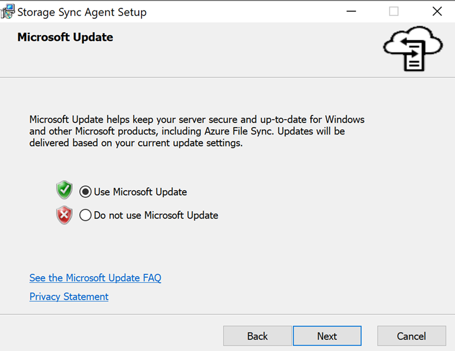在文件同步代理安装向导中使用Microsoft更新的选项的屏幕截图。