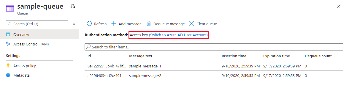 显示用户当前正在使用帐户密钥访问队列的屏幕截图