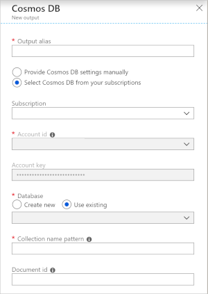 截图，显示了 Azure Cosmos DB 输出流的信息字段。