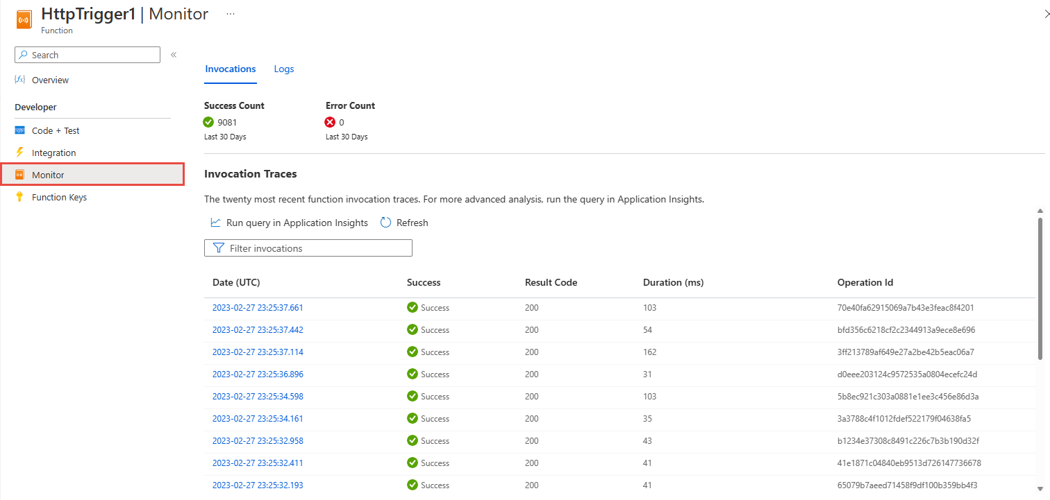 显示包含函数调用的 Azure Functions 监视页的屏幕截图。