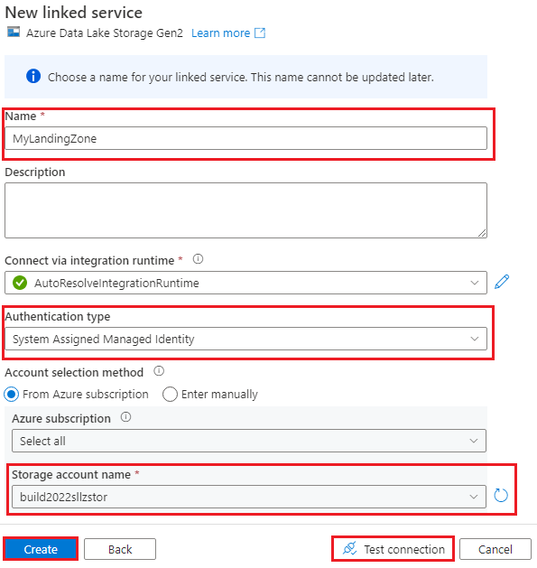 屏幕截图显示新链接到 Azure Data Lake Storage Gen2 的服务。