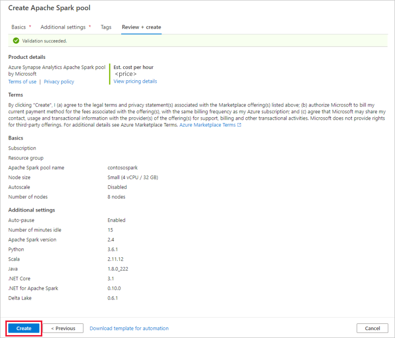 “创建 Synapse Studio”新 Apache Spark 池的 Azure 门户屏幕截图。