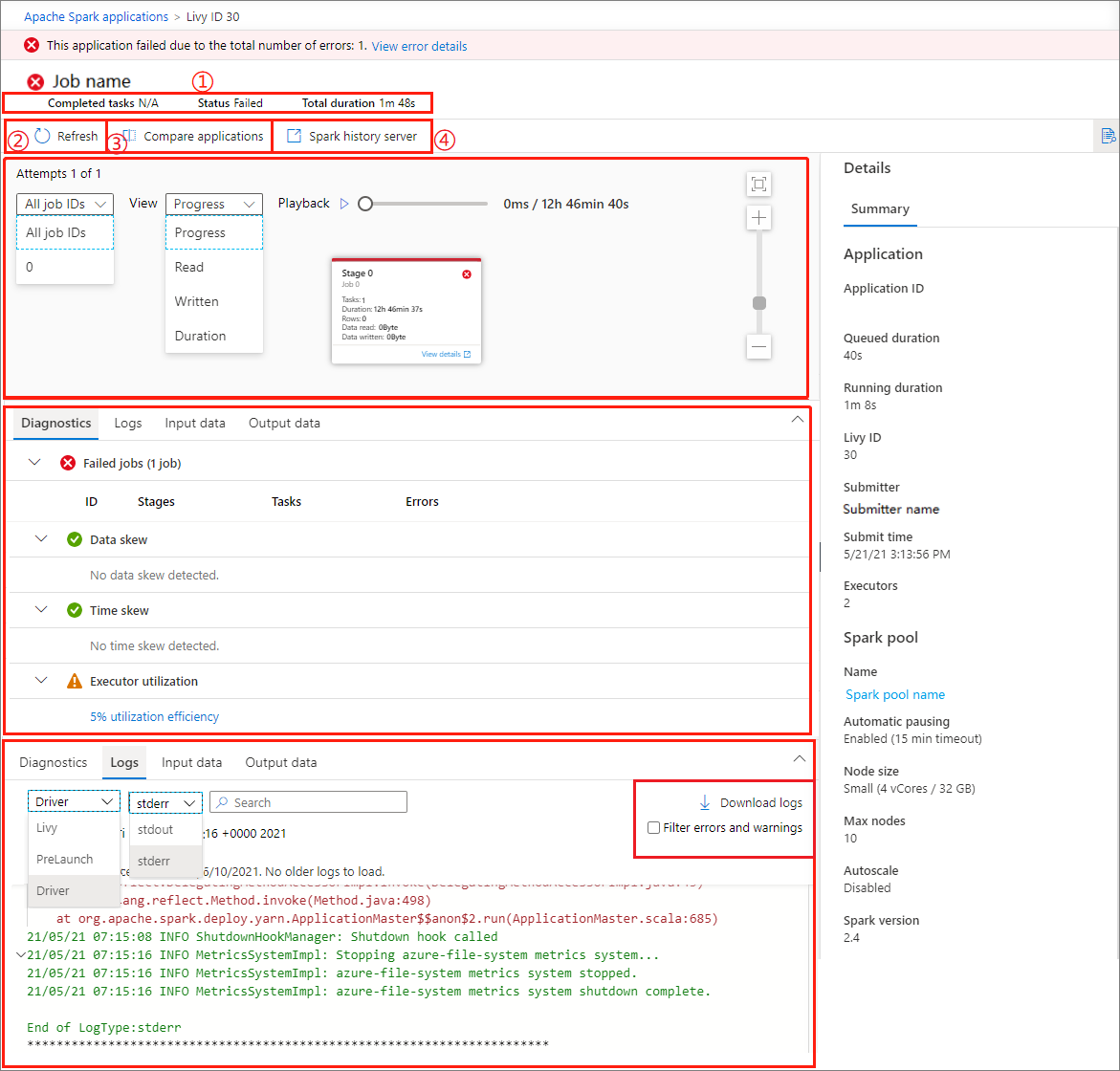 失败作业详细信息的屏幕截图。
