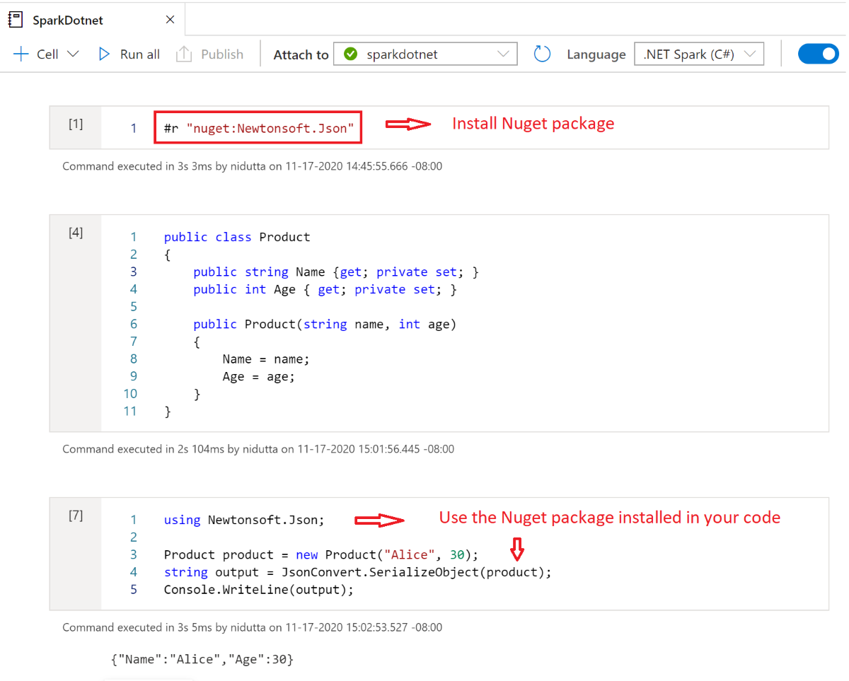 截图显示如何使用 #r 安装 Spark .NET 笔记本 NuGet 包