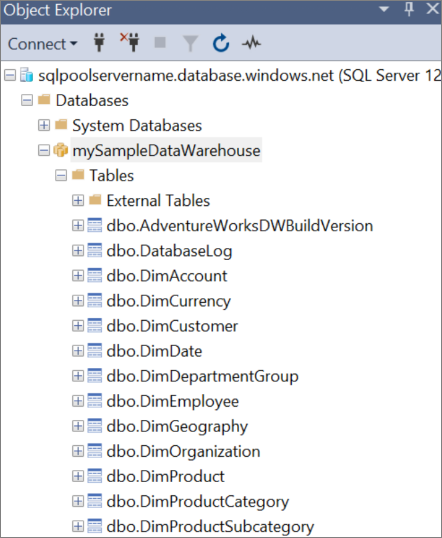 SQL Server Management Studio （SSMS）的屏幕截图，其中显示了对象资源管理器中的数据库对象。