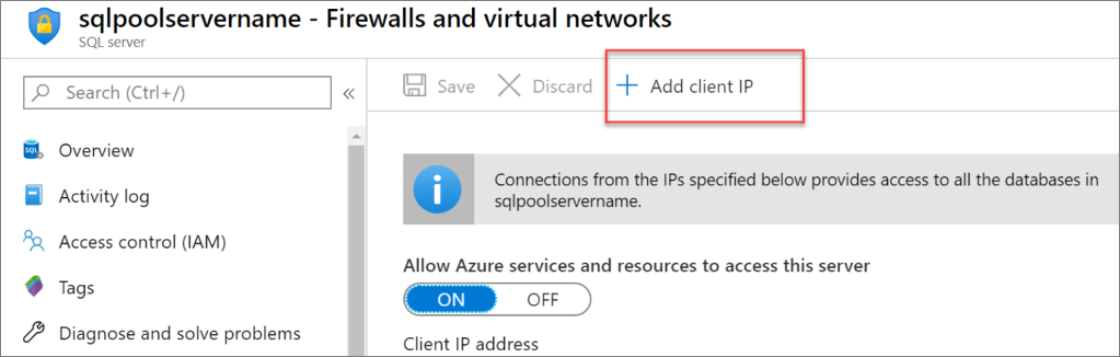 Azure 门户的屏幕截图。服务器防火墙规则通过“添加客户端 IP”按钮。