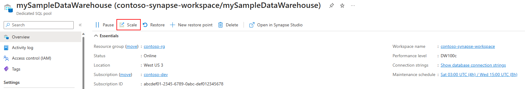 Azure 门户的屏幕截图,其中显示了专用 SQL 池的概述页面上的“缩放”按钮。