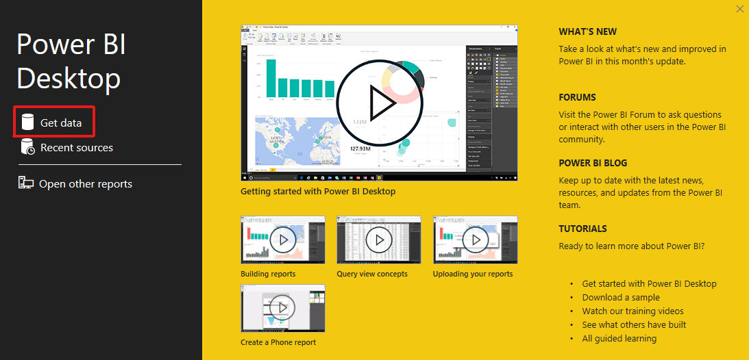 打开 Power BI Desktop 应用程序并选择“获取数据”。