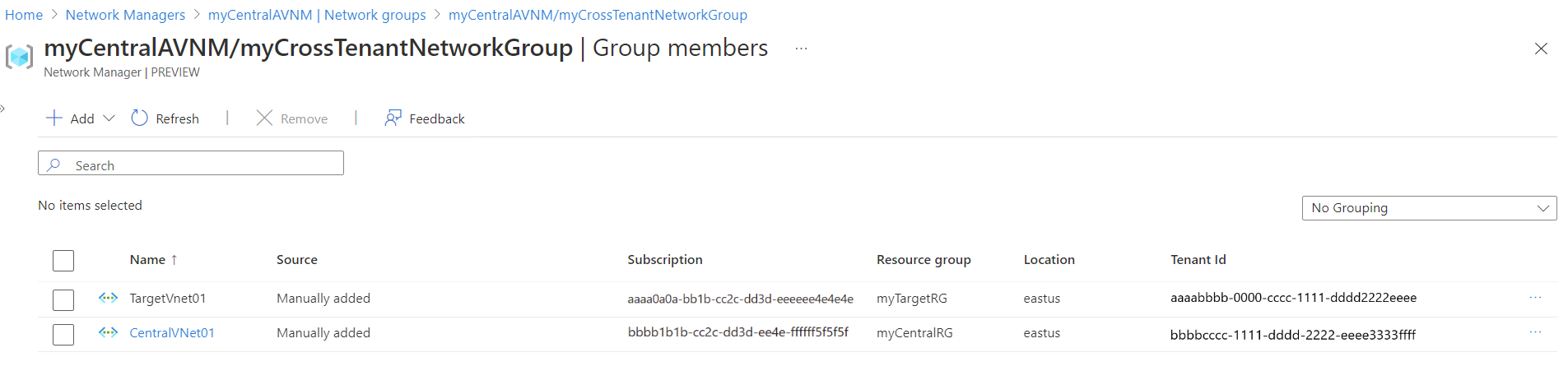 Azure 虚拟网络管理器中网络组成员身份的屏幕截图。