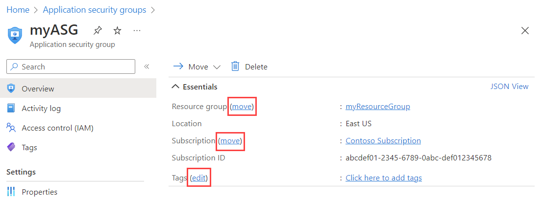 在 Azure 门户中更改应用程序安全组的屏幕截图。