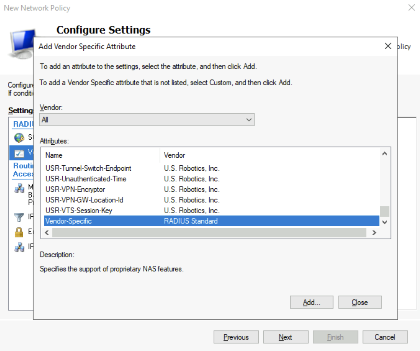 屏幕截图显示“添加特定于供应商的属性”页,其中已选中“特定于供应商”。