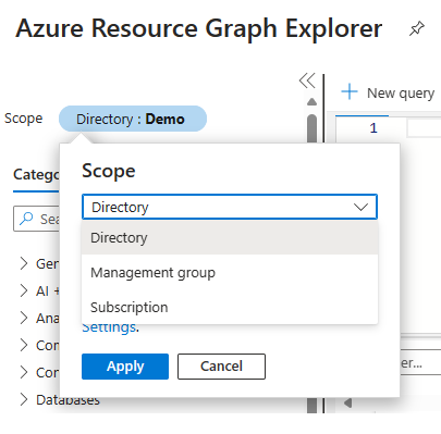 用于更改目录、管理组或订阅的范围的 Azure Resource Graph 资源管理器的屏幕截图。
